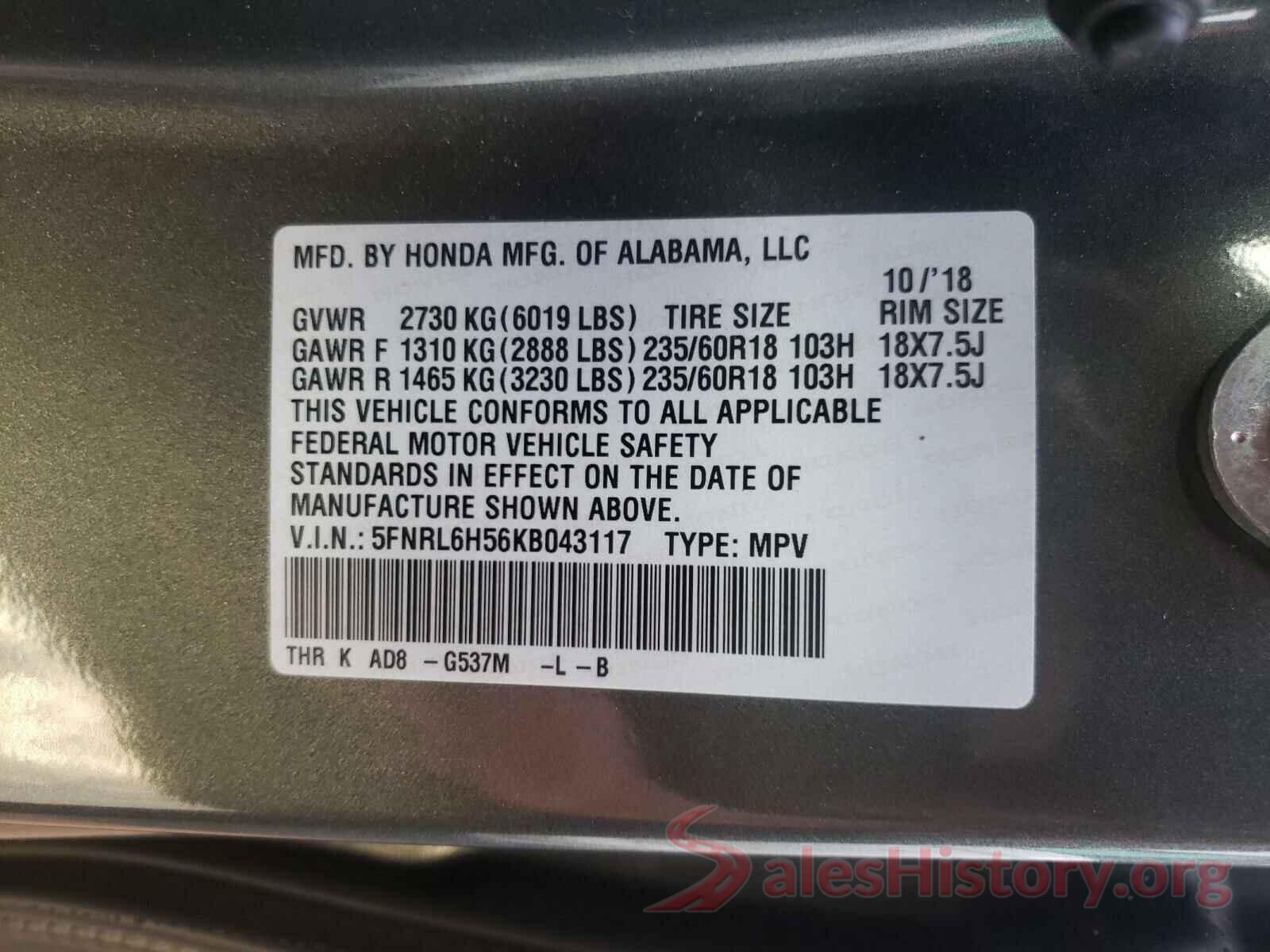 5FNRL6H56KB043117 2019 HONDA ODYSSEY