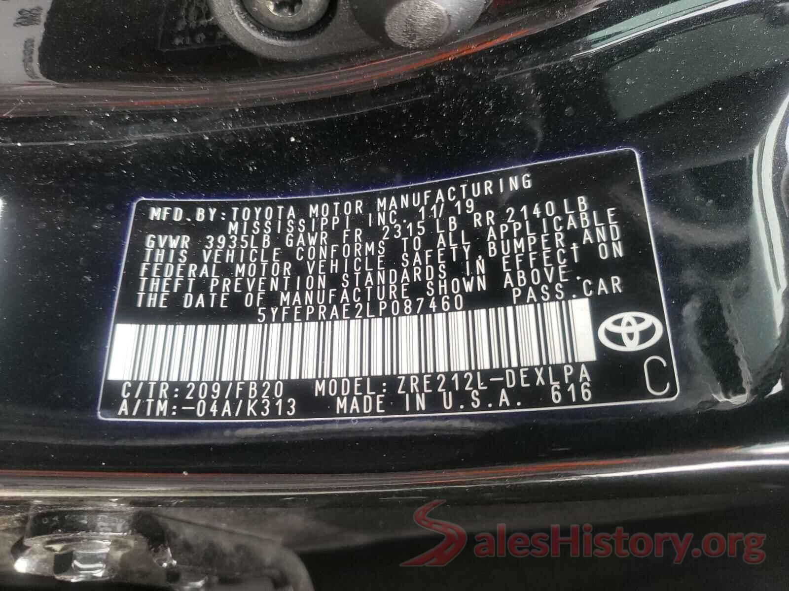 5YFEPRAE2LP087460 2020 TOYOTA COROLLA