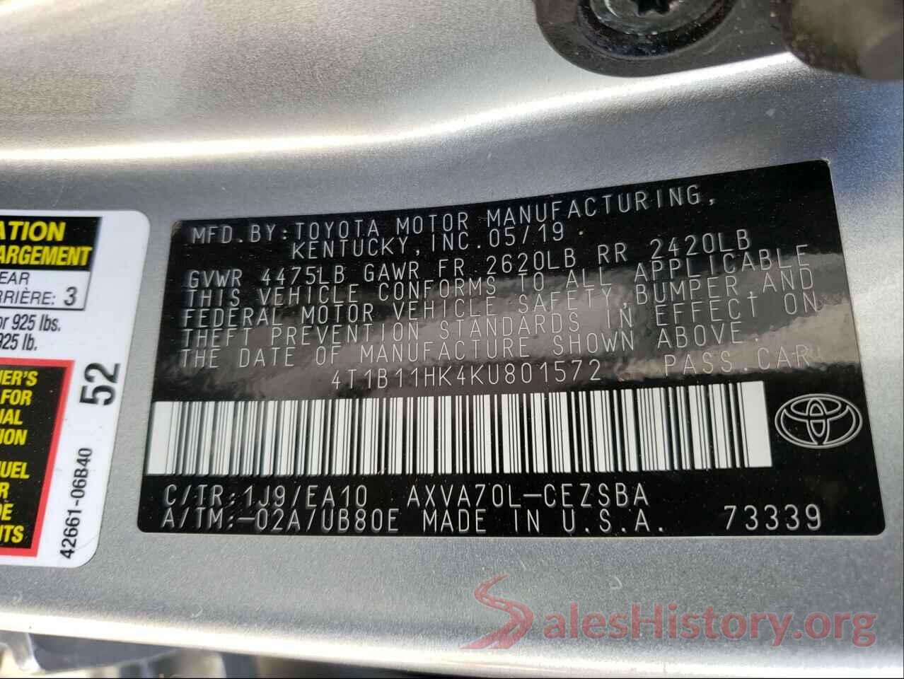 4T1B11HK4KU801572 2019 TOYOTA CAMRY