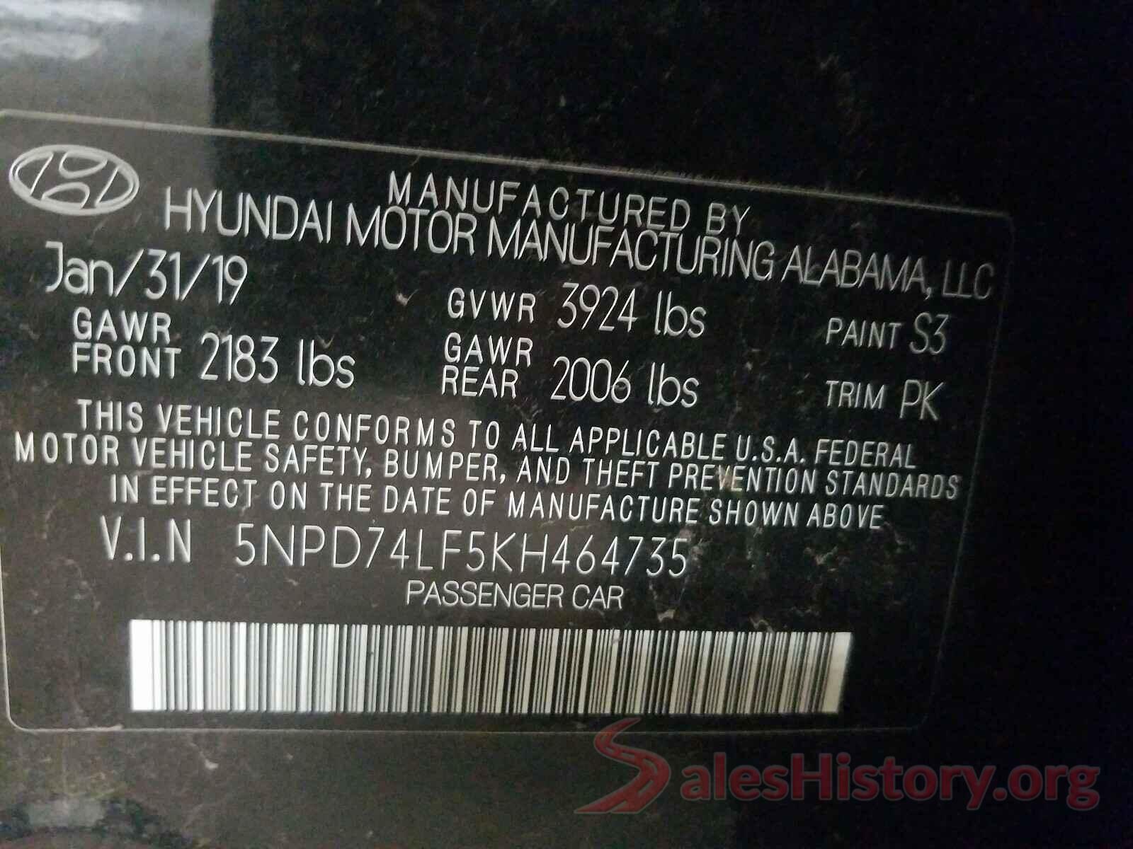 5NPD74LF5KH464735 2019 HYUNDAI ELANTRA