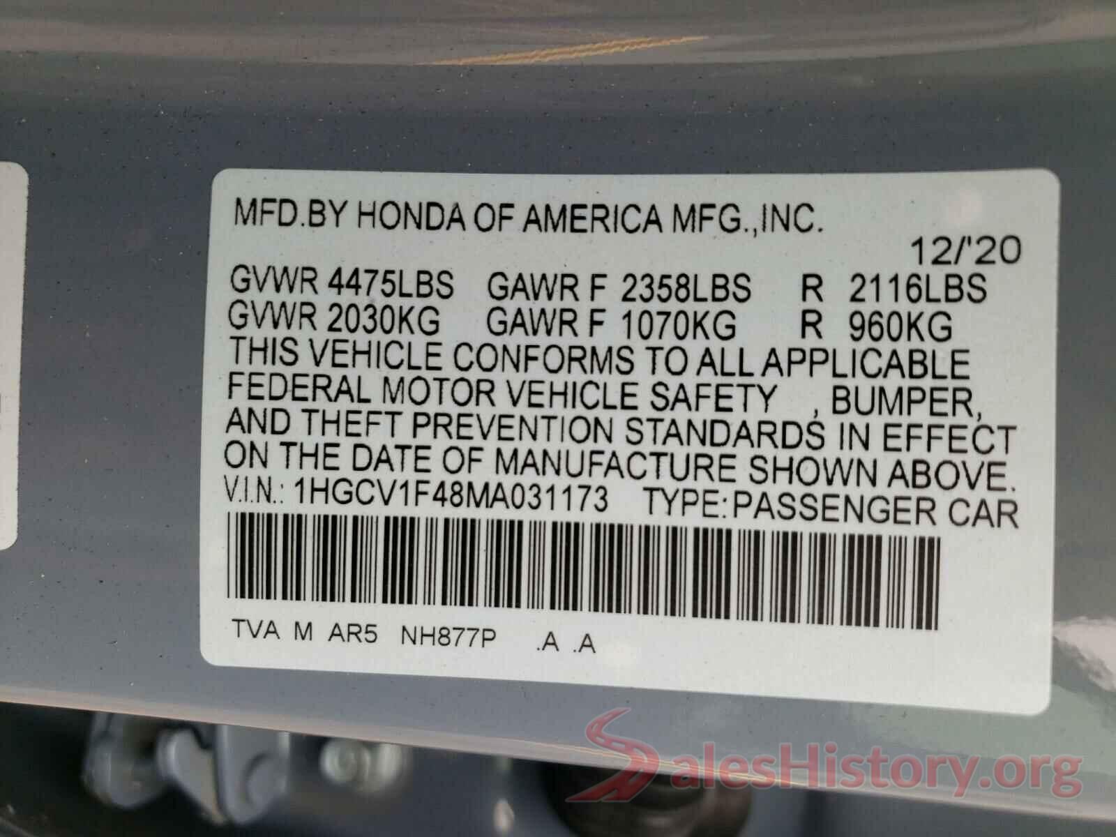 1HGCV1F48MA031173 2021 HONDA ACCORD