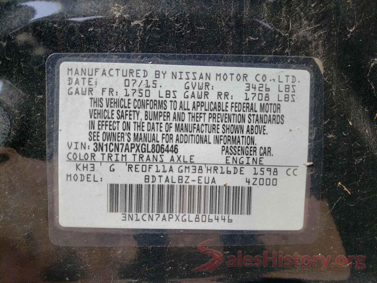 3N1CN7APXGL806446 2016 NISSAN VERSA