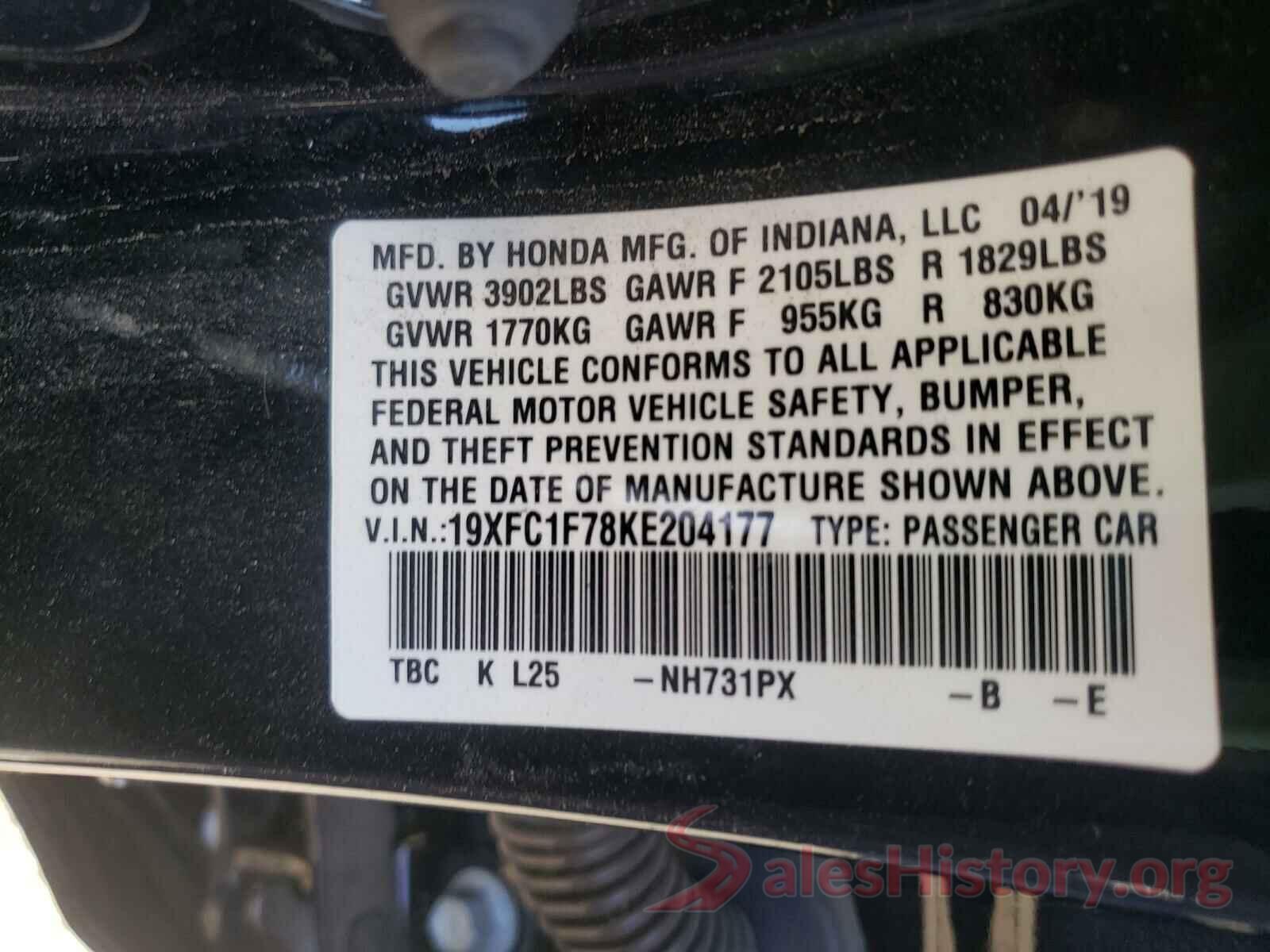 19XFC1F78KE204177 2019 HONDA CIVIC