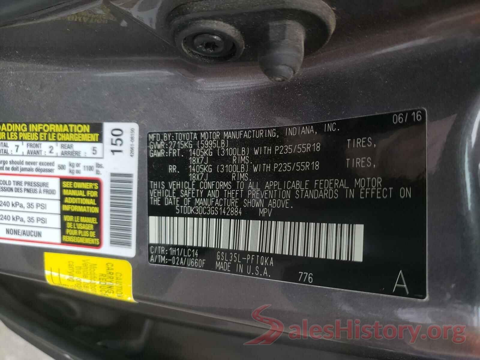 5TDDK3DC3GS142884 2016 TOYOTA SIENNA