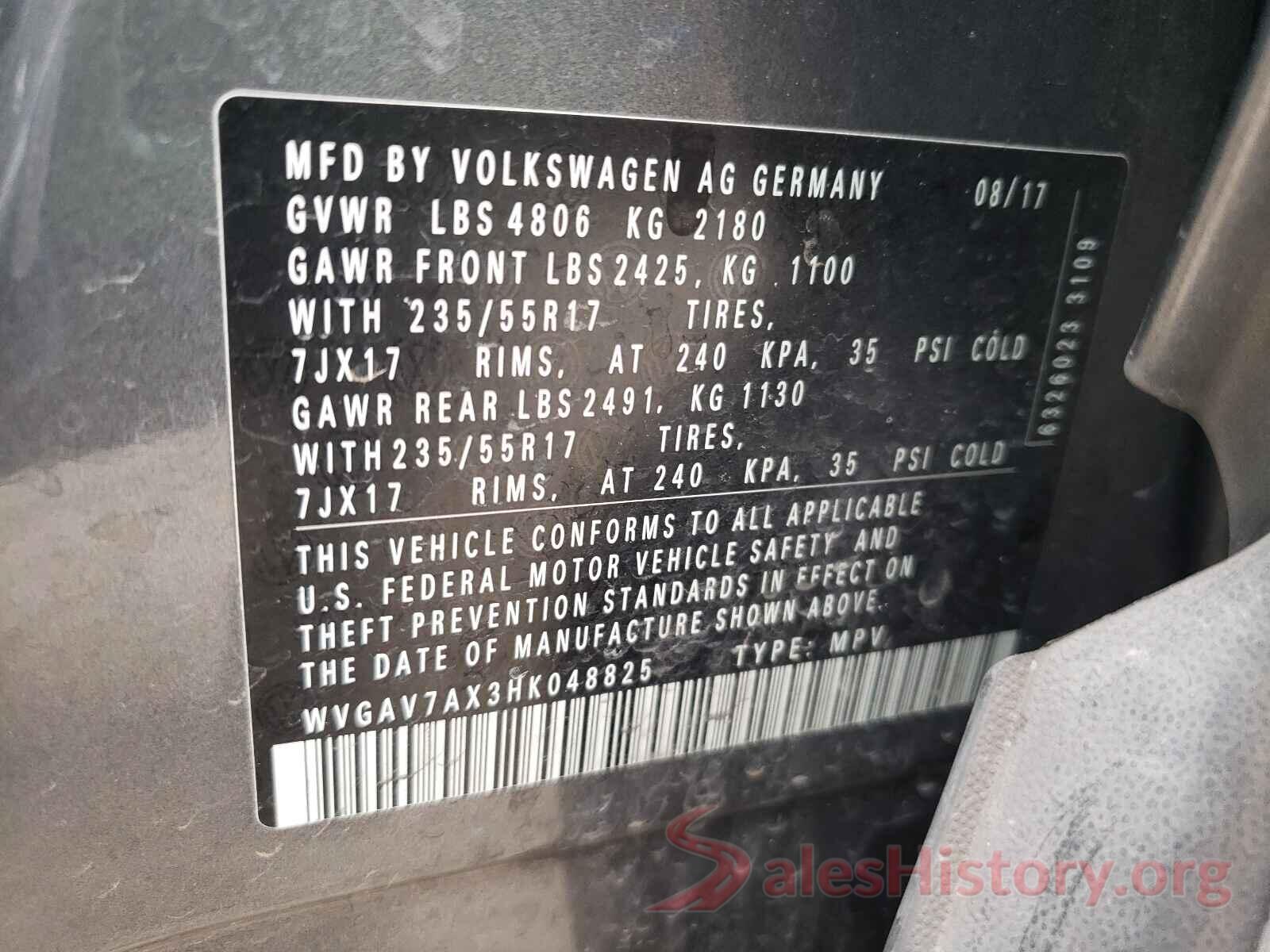 WVGAV7AX3HK048825 2017 VOLKSWAGEN TIGUAN