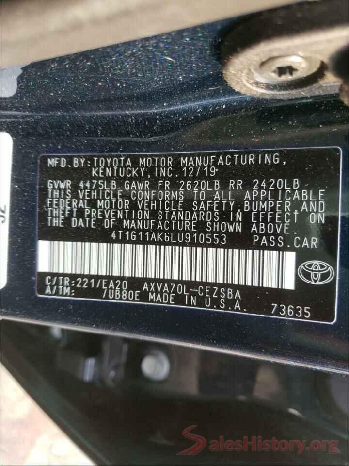 4T1G11AK6LU910553 2020 TOYOTA CAMRY