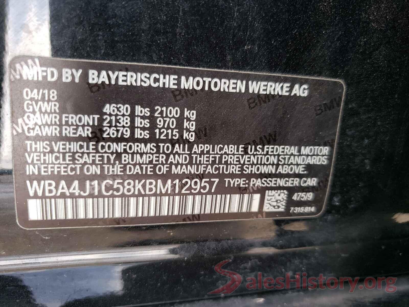 WBA4J1C58KBM12957 2019 BMW 4 SERIES