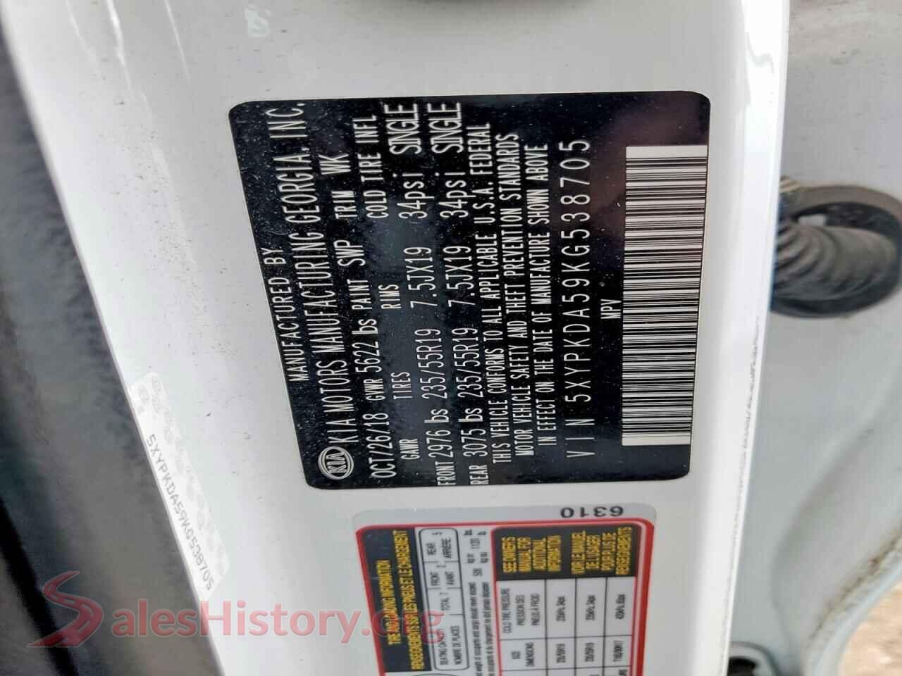 2019 KIA SORENTO VIN 5XYPKDA59KG538705, wheel and tire