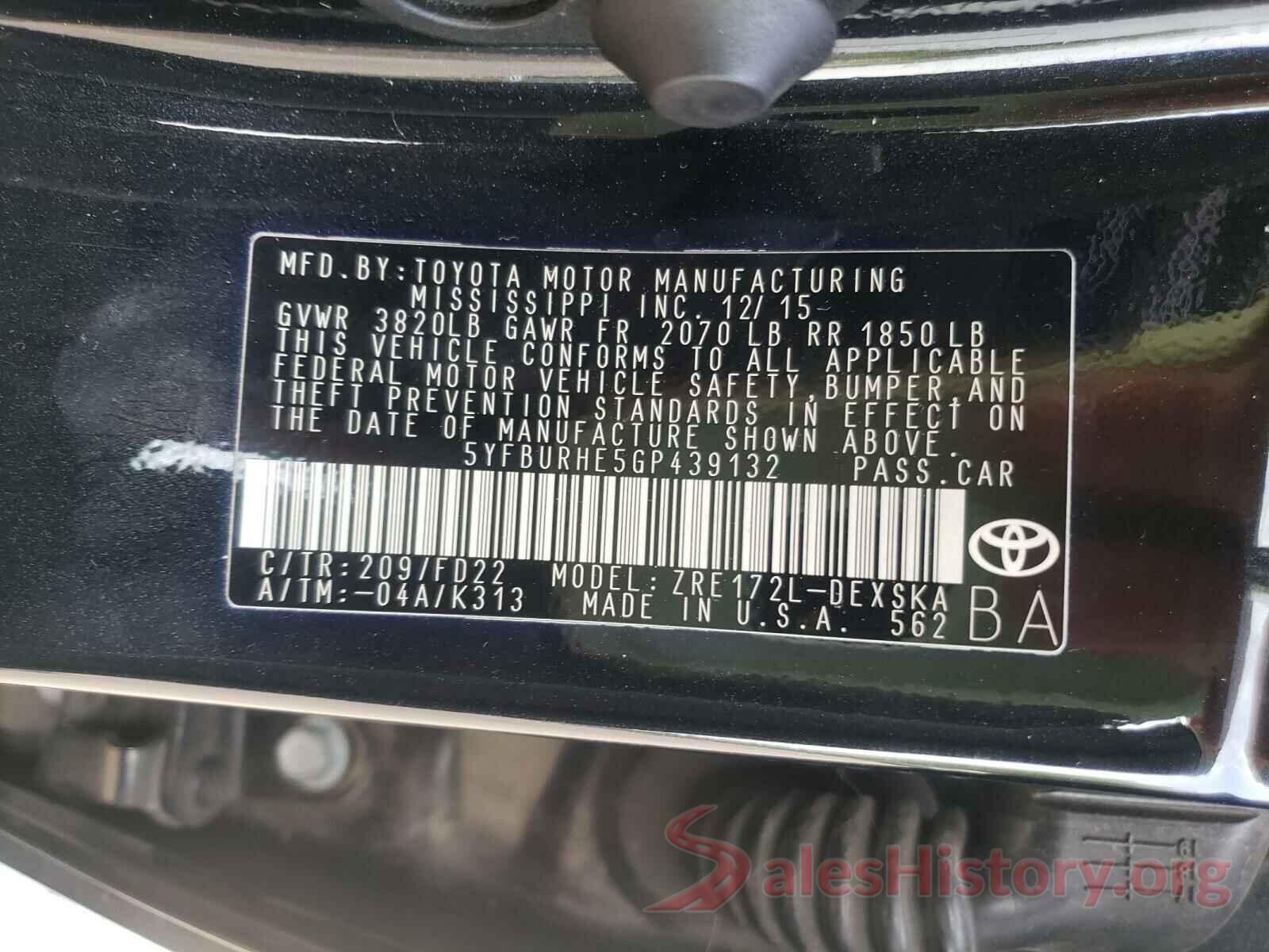 5YFBURHE5GP439132 2016 TOYOTA COROLLA