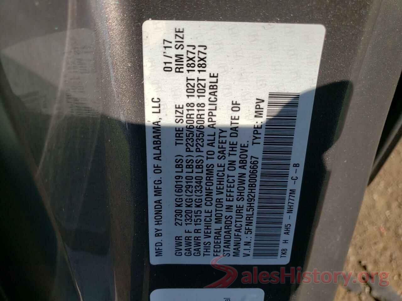 5FNRL5H92HB006667 2017 HONDA ODYSSEY