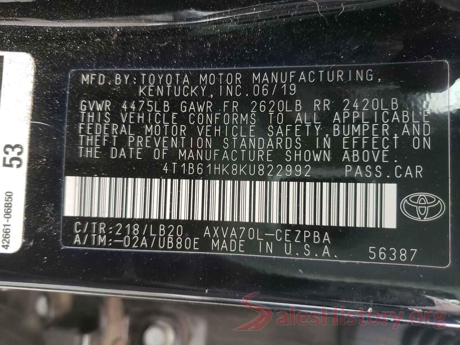 4T1B61HK8KU822992 2019 TOYOTA CAMRY