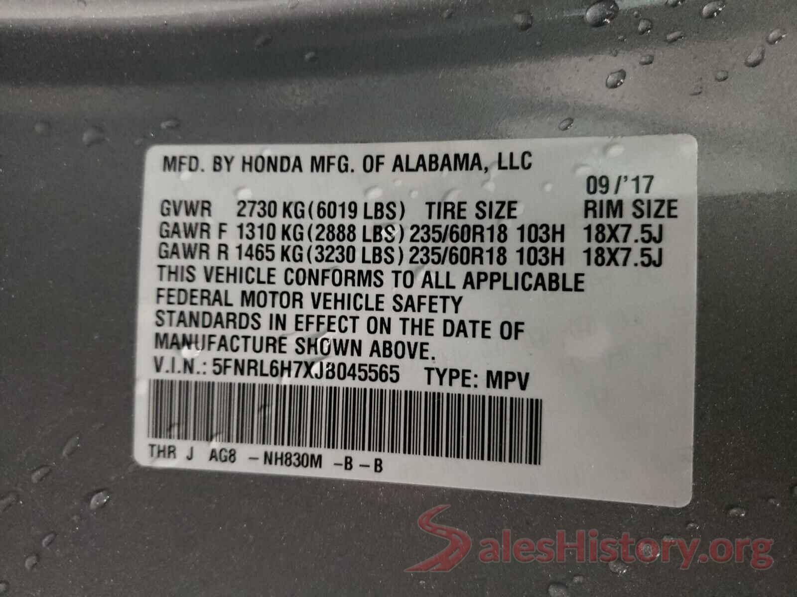 5FNRL6H7XJB045565 2018 HONDA ODYSSEY