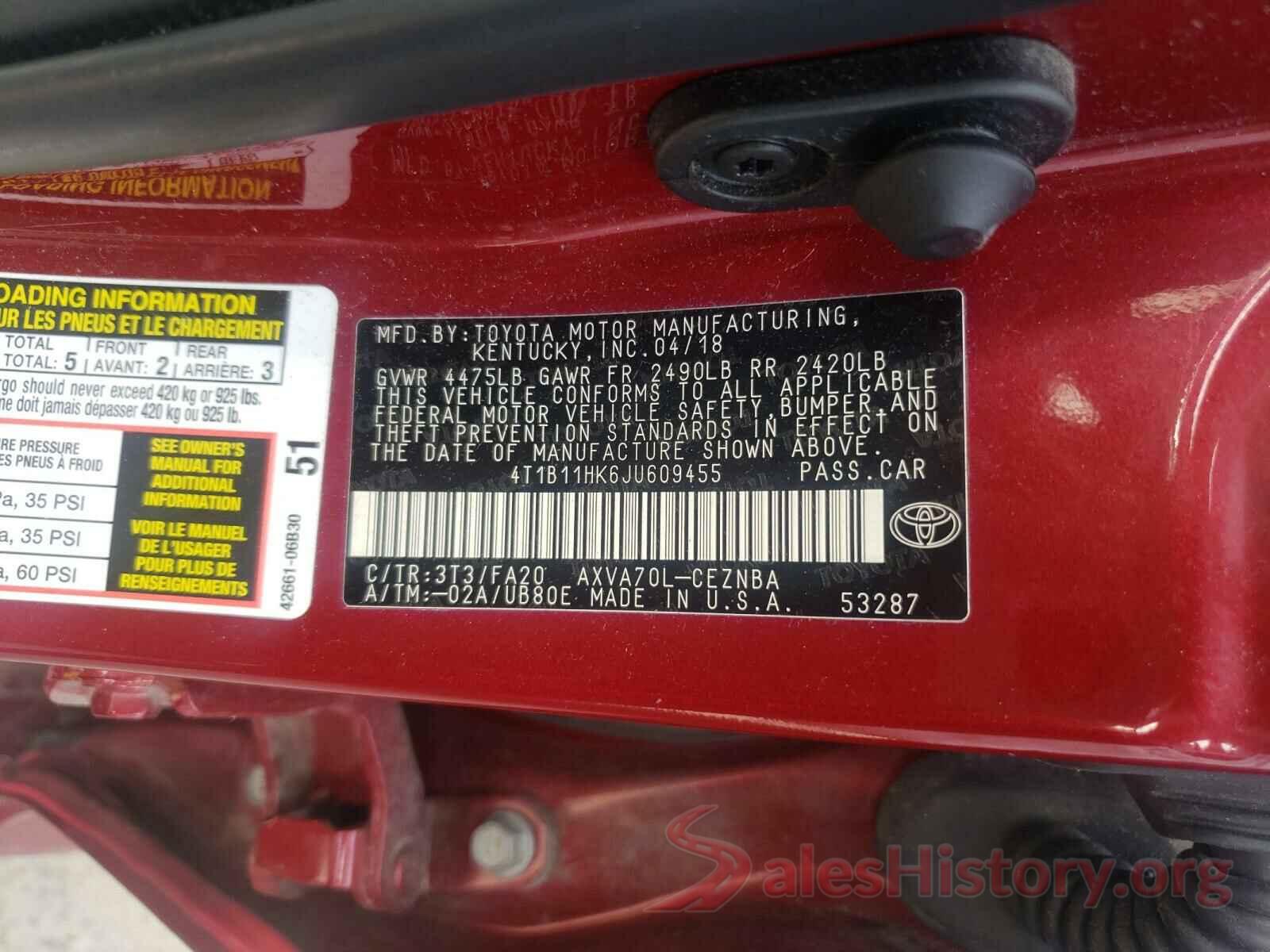 4T1B11HK6JU609455 2018 TOYOTA CAMRY