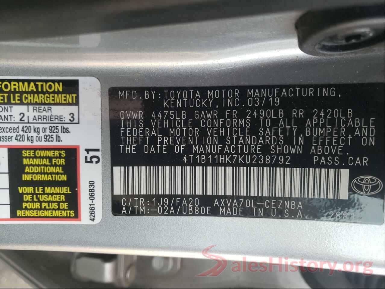 4T1B11HK7KU238792 2019 TOYOTA CAMRY