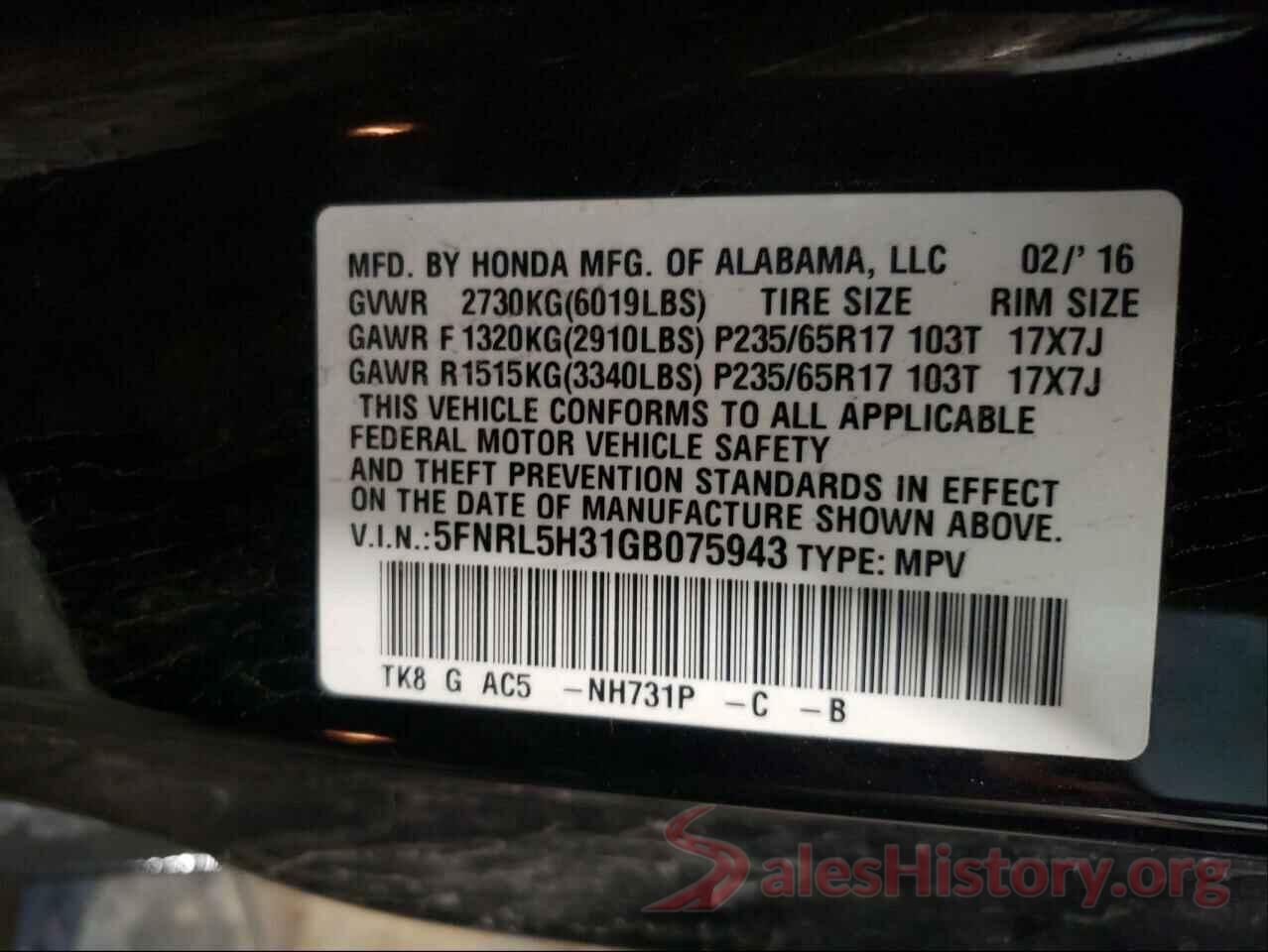 5FNRL5H31GB075943 2016 HONDA ODYSSEY