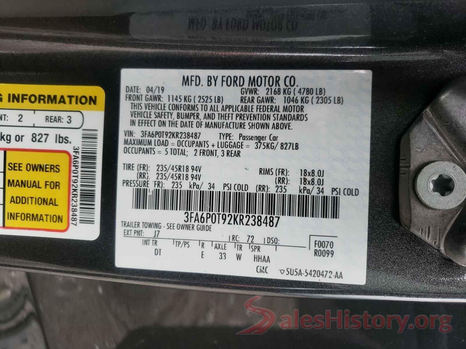 3FA6P0T92KR238487 2019 FORD FUSION