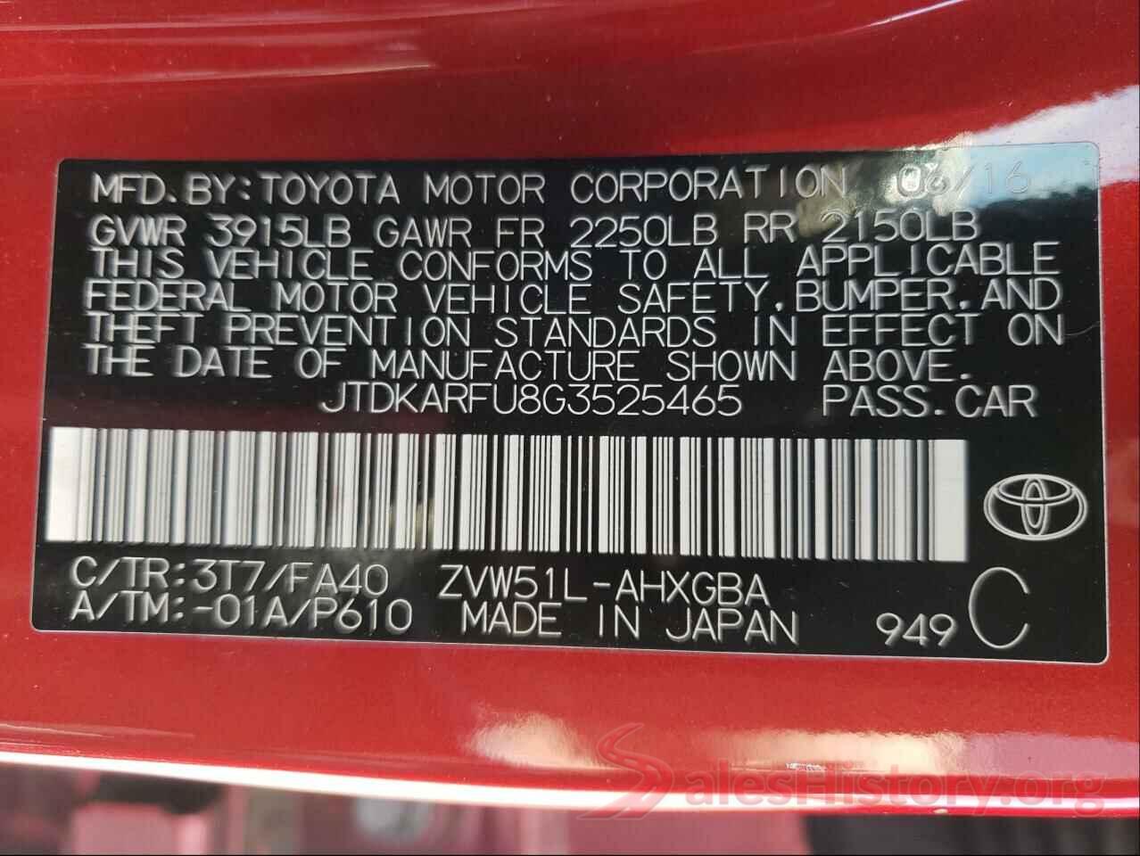 JTDKARFU8G3525465 2016 TOYOTA PRIUS