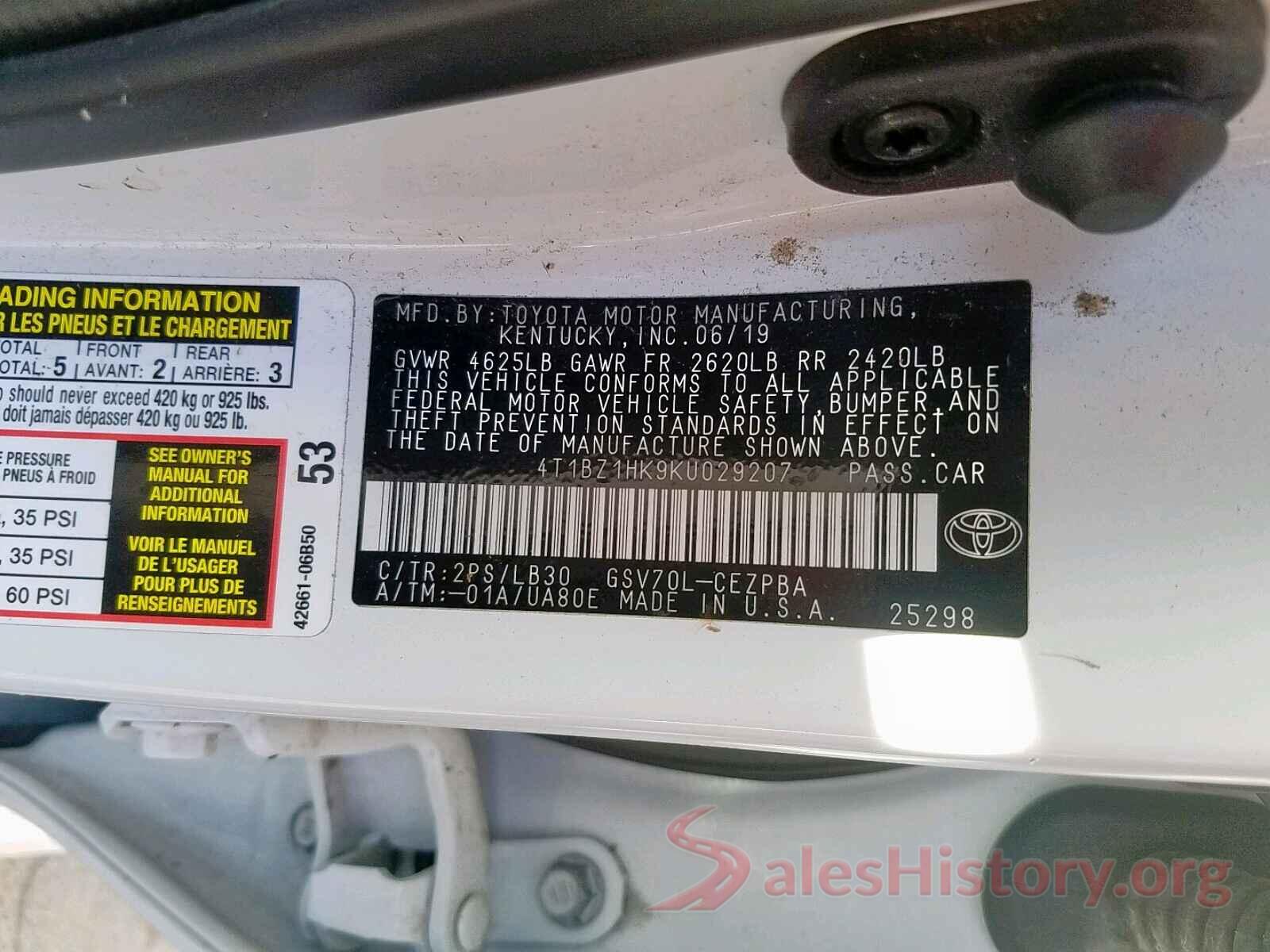 4T1BZ1HK9KU029207 2019 TOYOTA CAMRY