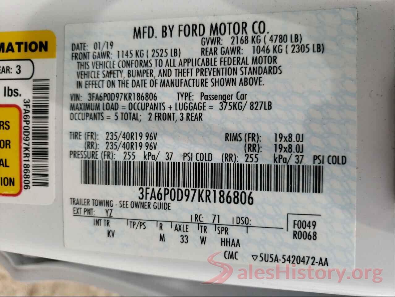 3FA6P0D97KR186806 2019 FORD FUSION