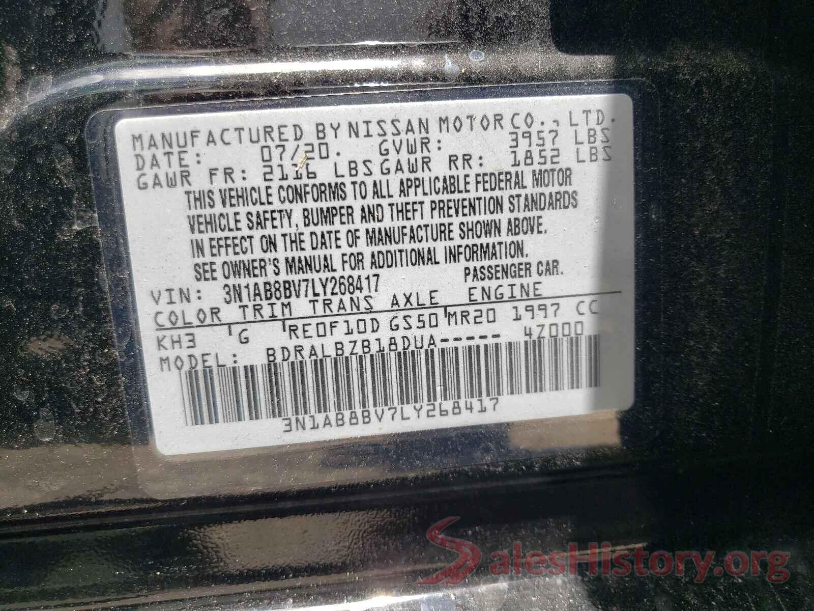 3N1AB8BV7LY268417 2020 NISSAN SENTRA