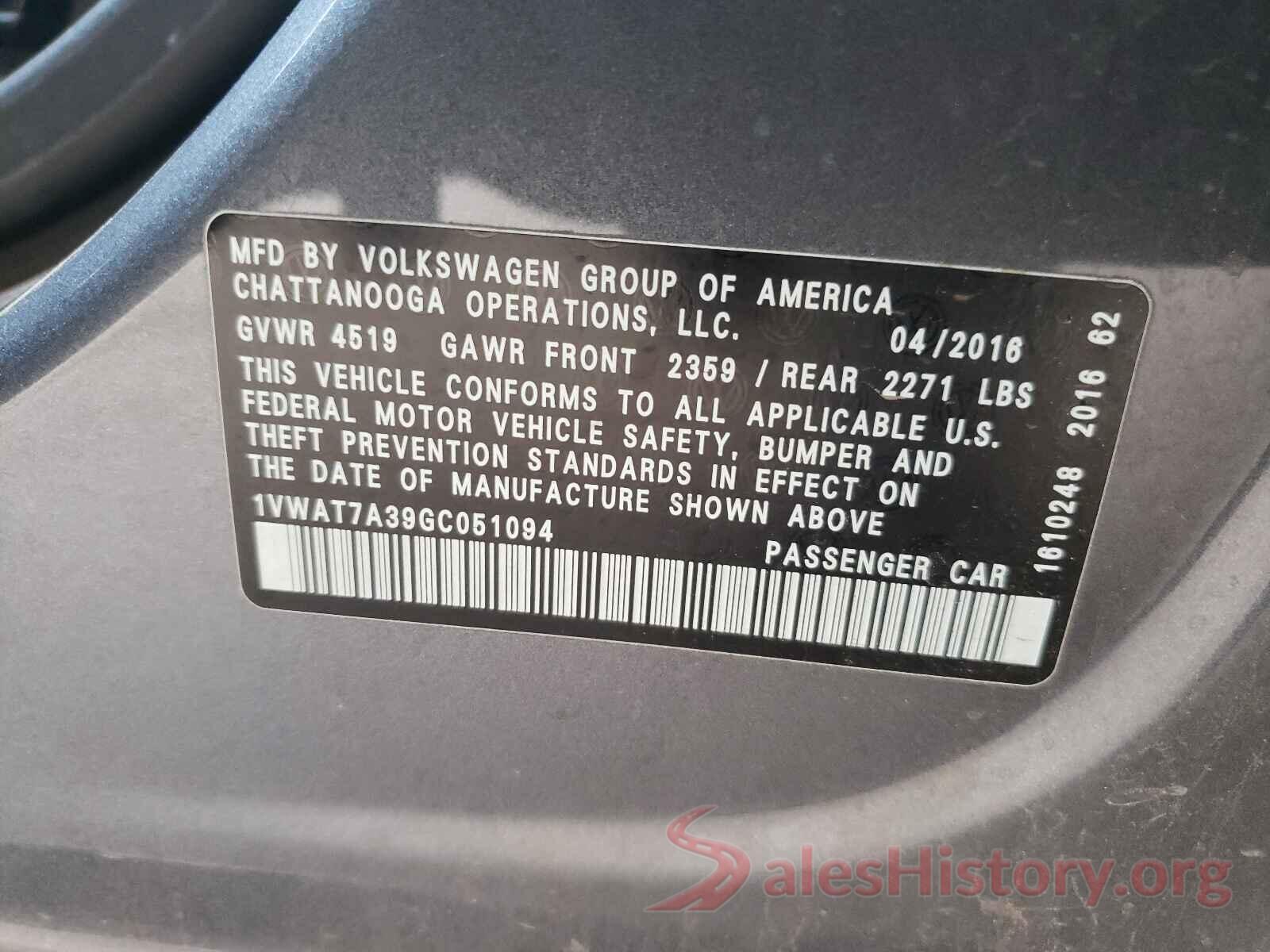 1VWAT7A39GC051094 2016 VOLKSWAGEN PASSAT