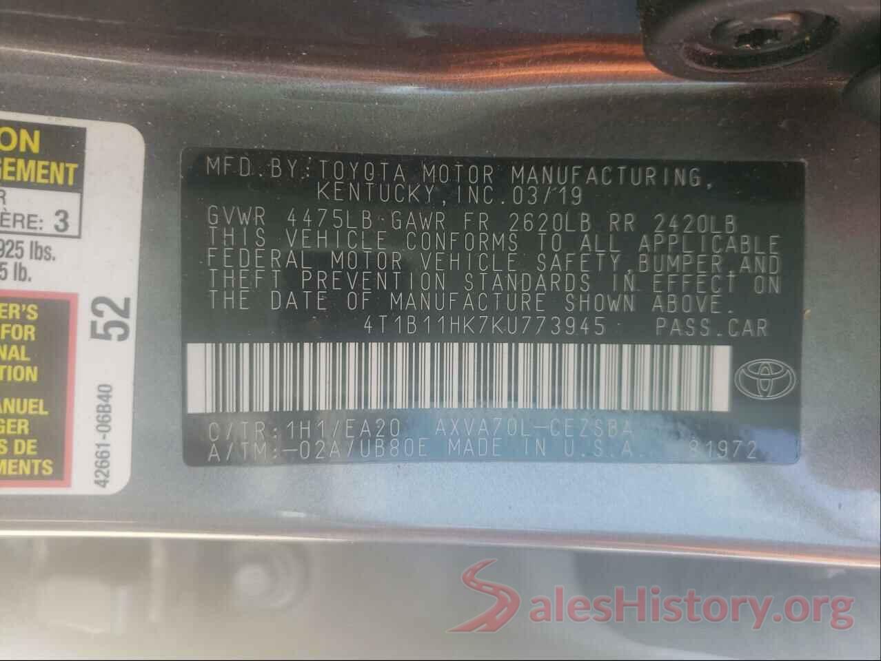 4T1B11HK7KU773945 2019 TOYOTA CAMRY