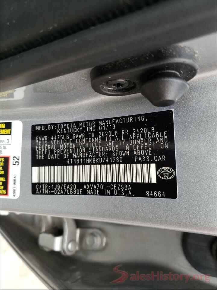 4T1B11HK8KU741280 2019 TOYOTA CAMRY