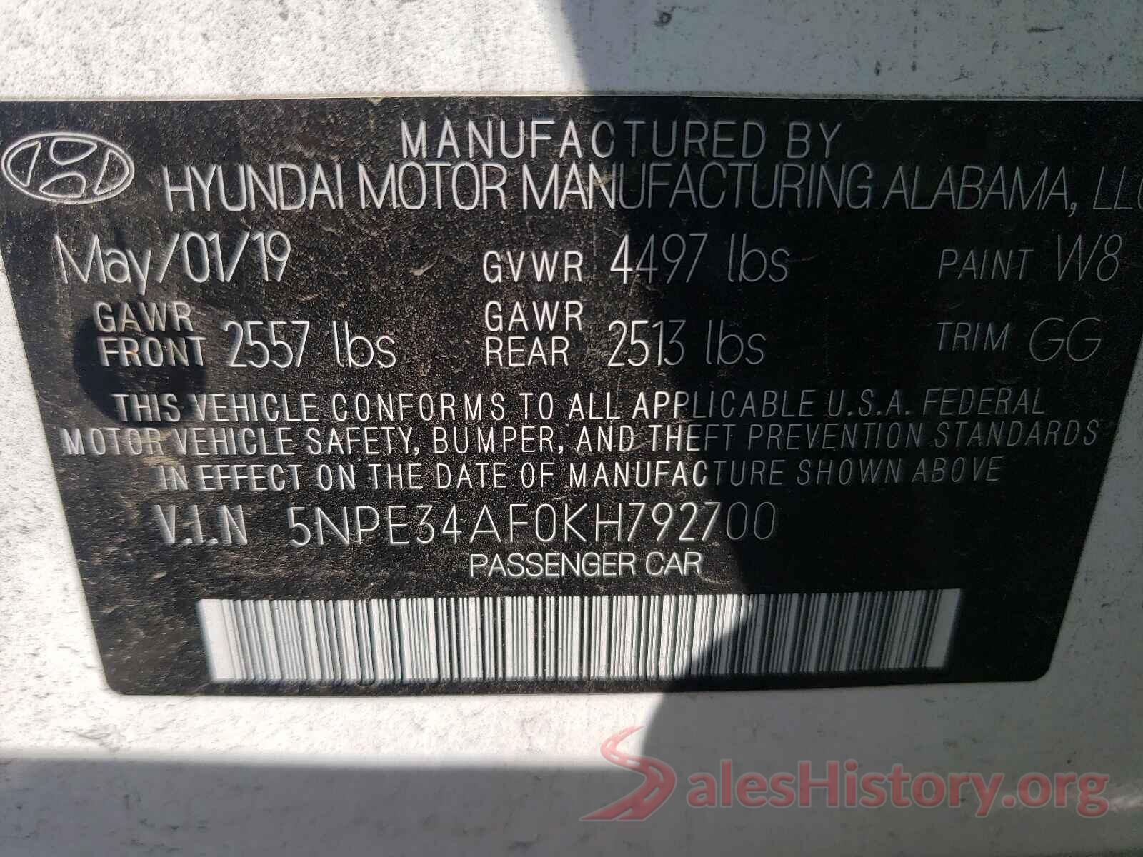 5NPE34AF0KH792700 2019 HYUNDAI SONATA