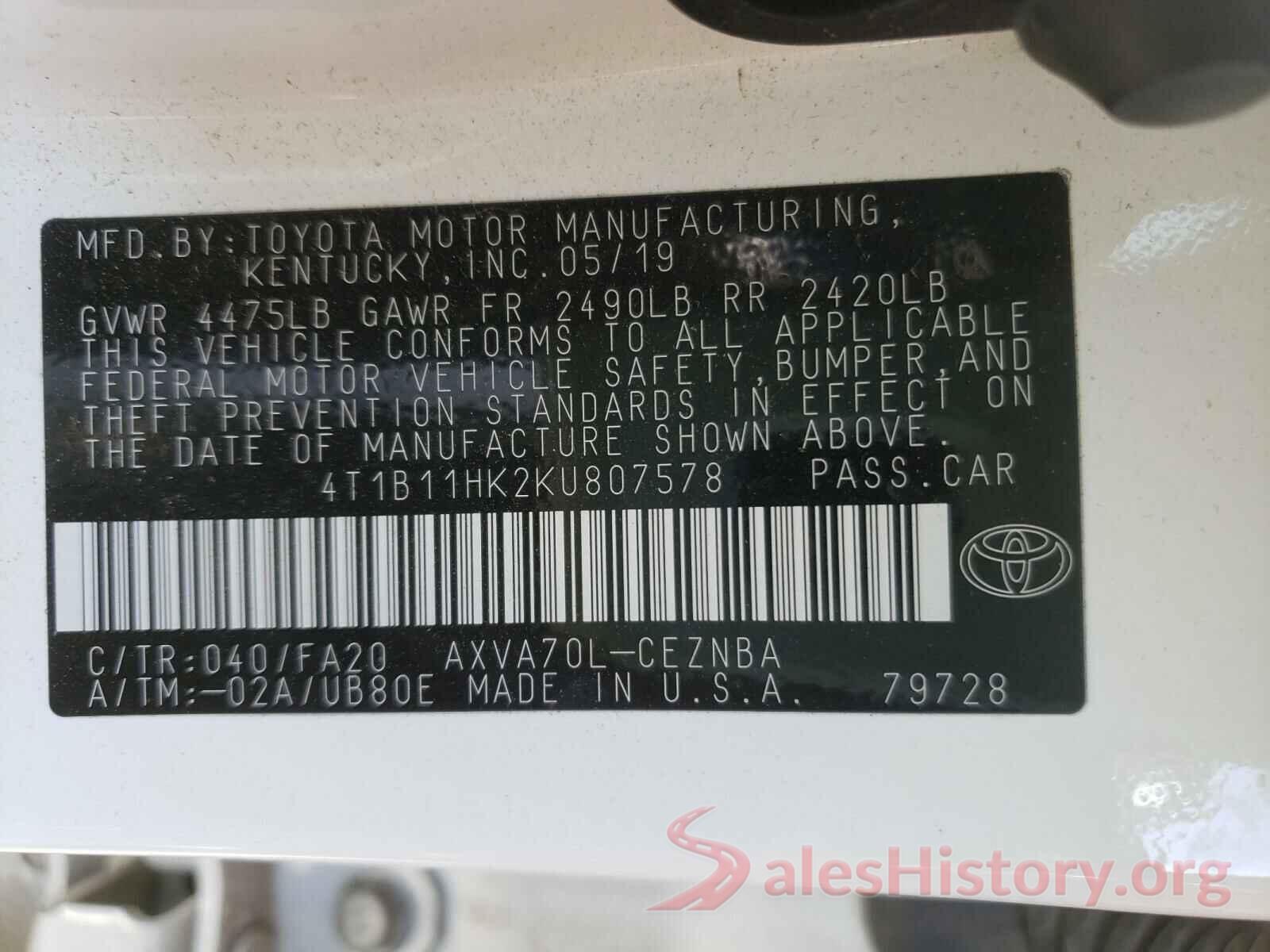 4T1B11HK2KU807578 2019 TOYOTA CAMRY