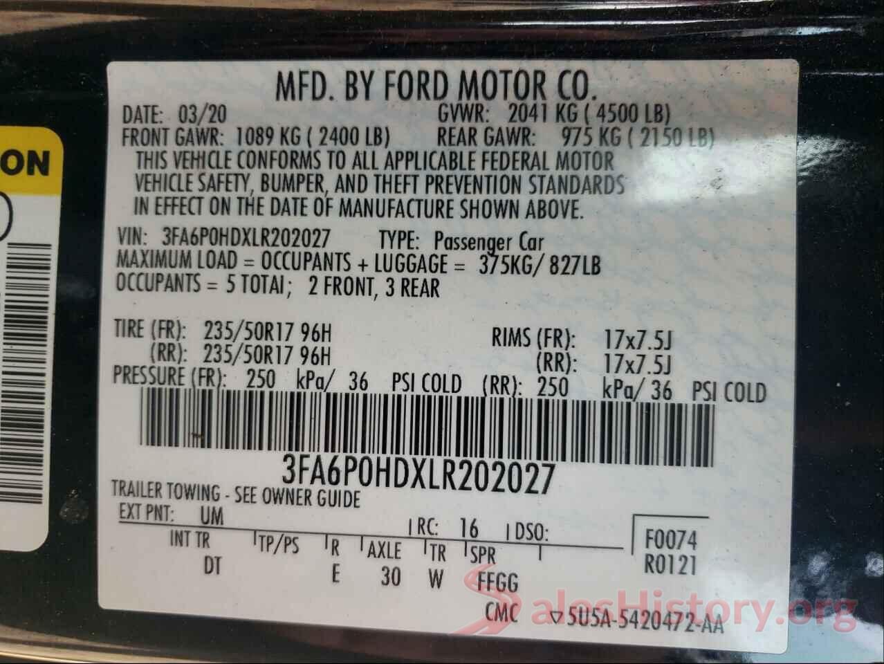 3FA6P0HDXLR202027 2020 FORD FUSION