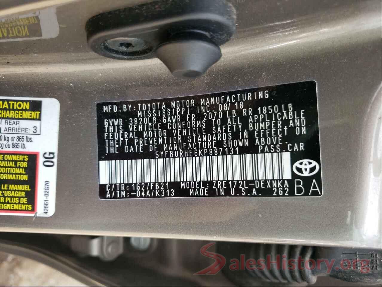 5YFBURHE6KP887131 2019 TOYOTA COROLLA