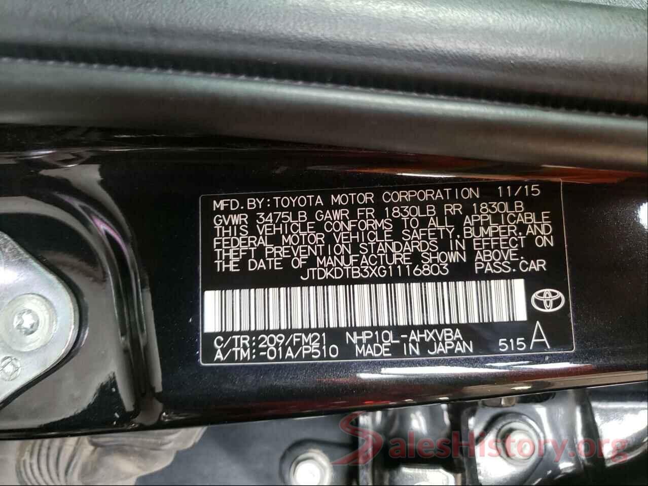 JTDKDTB3XG1116803 2016 TOYOTA PRIUS