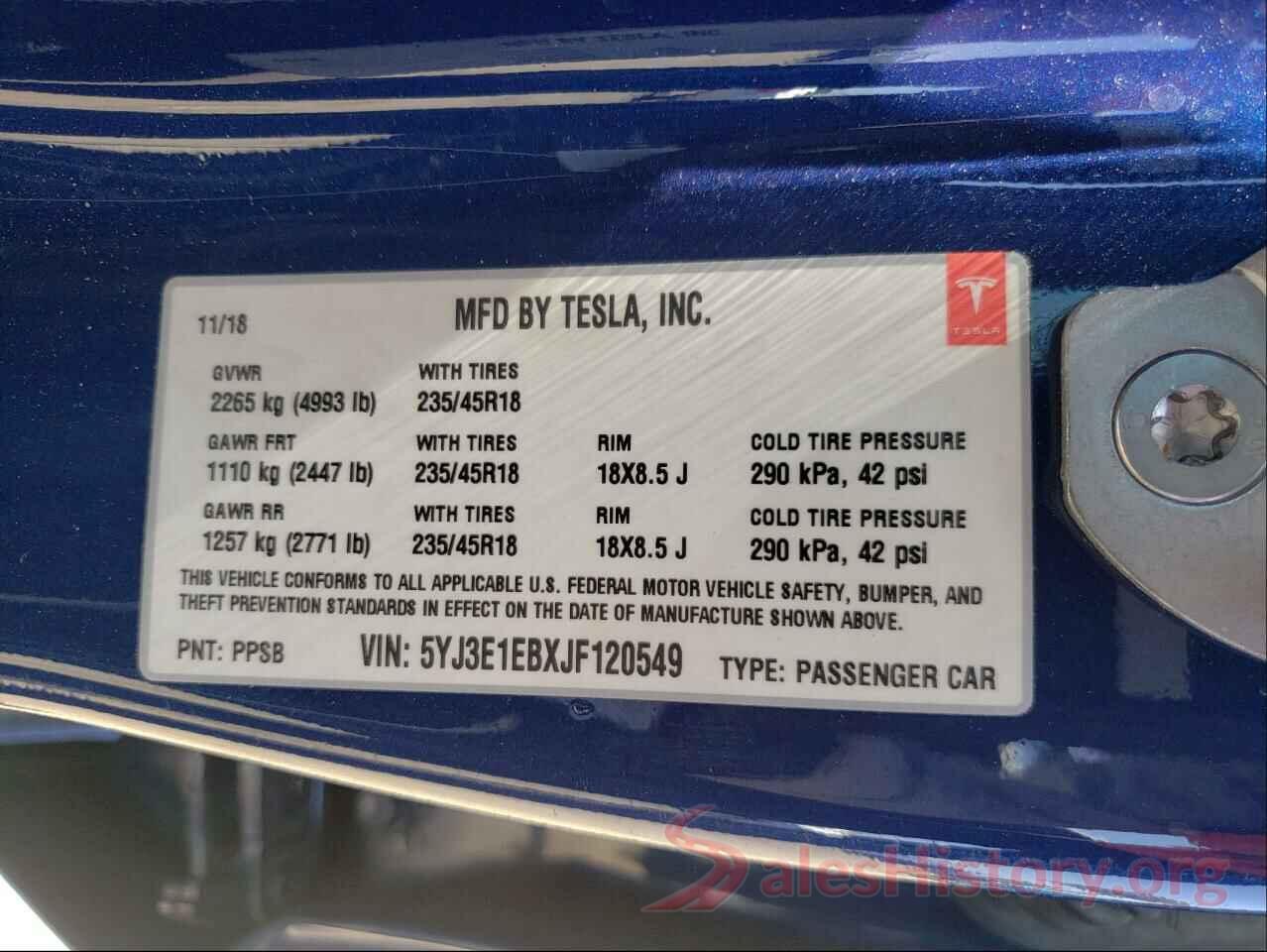 5YJ3E1EBXJF120549 2018 TESLA MODEL 3