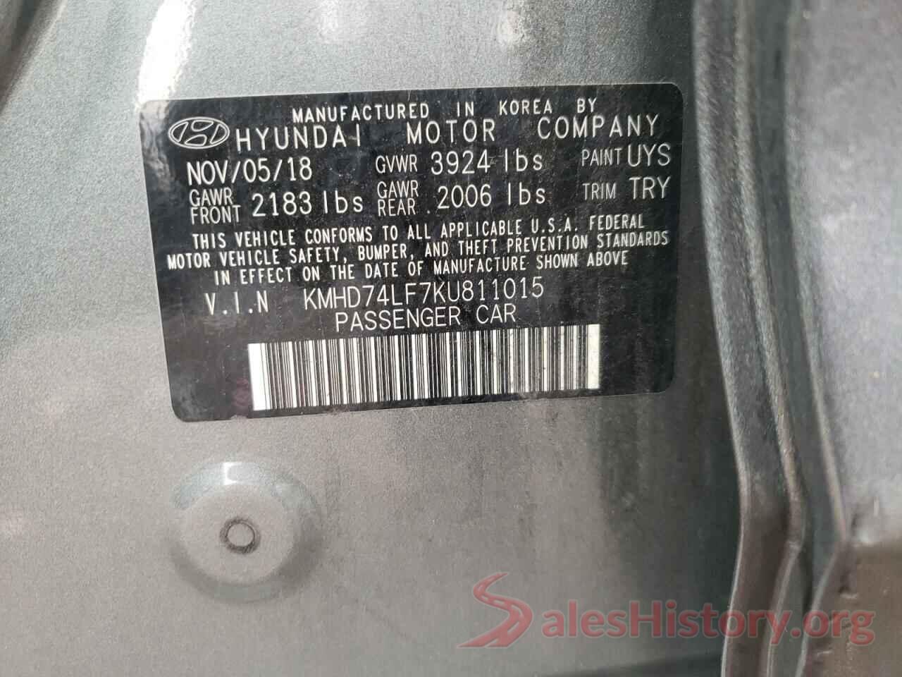 KMHD74LF7KU811015 2019 HYUNDAI ELANTRA