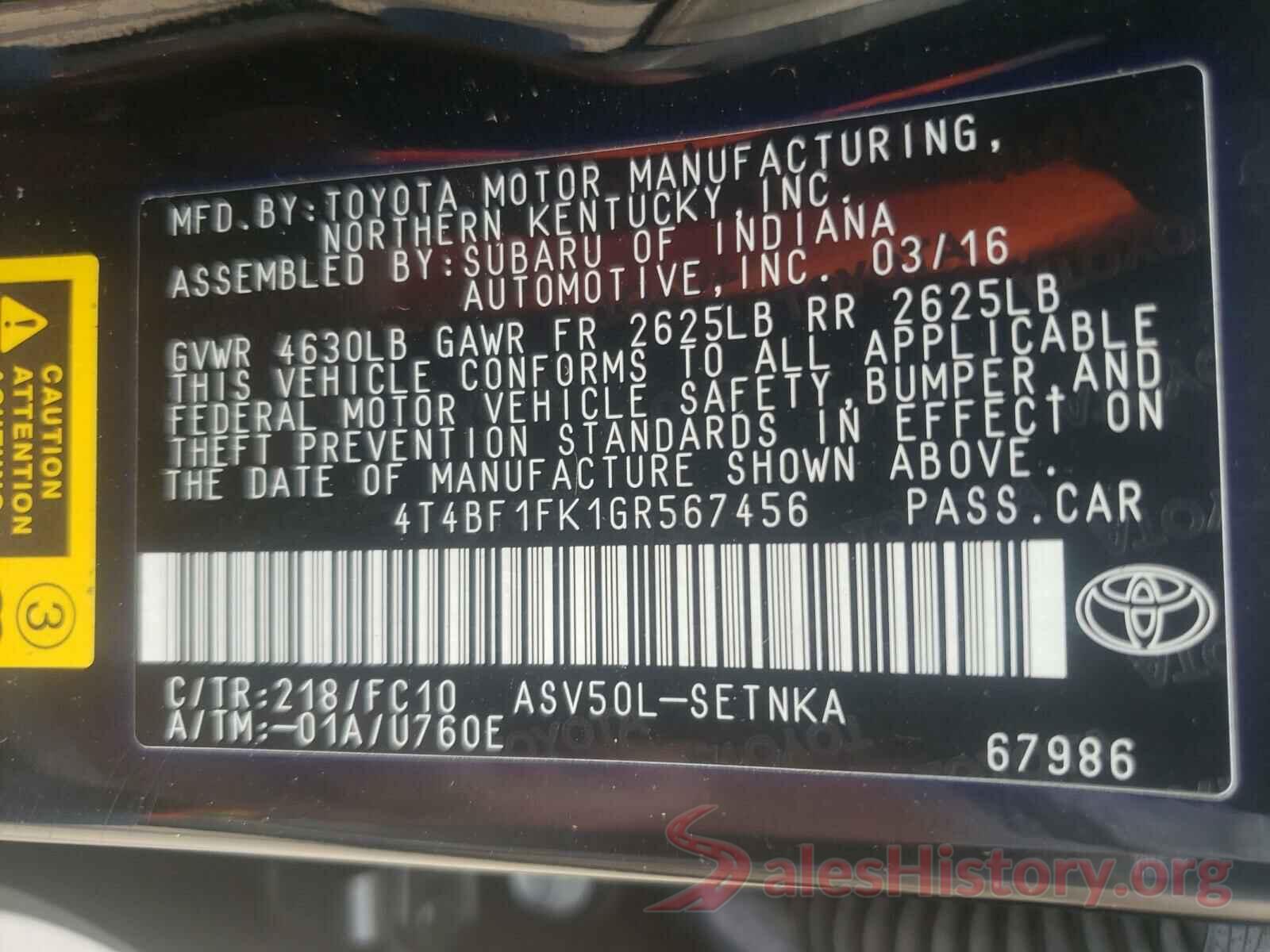 4T4BF1FK1GR567456 2016 TOYOTA CAMRY