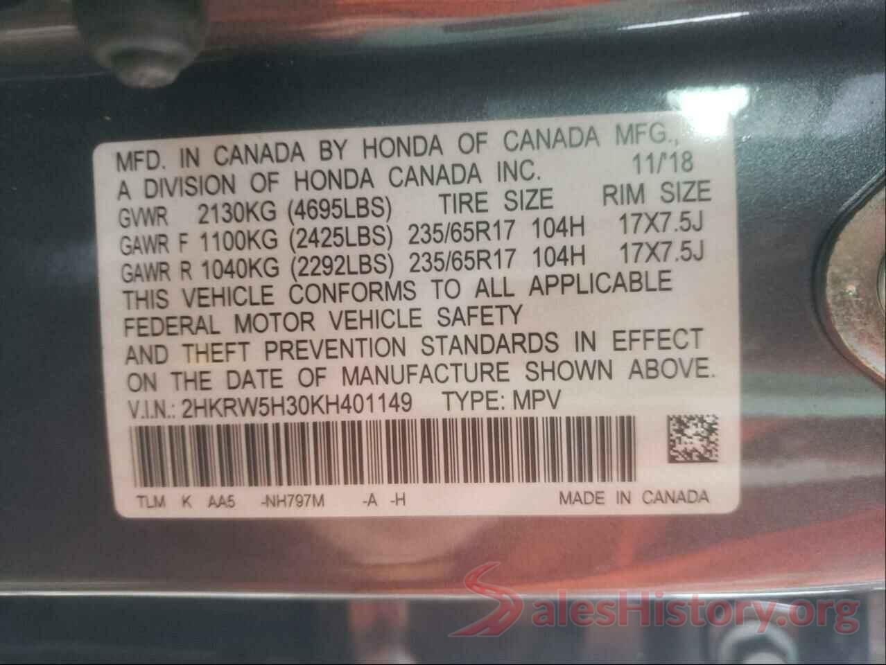 2HKRW5H30KH401149 2019 HONDA CRV