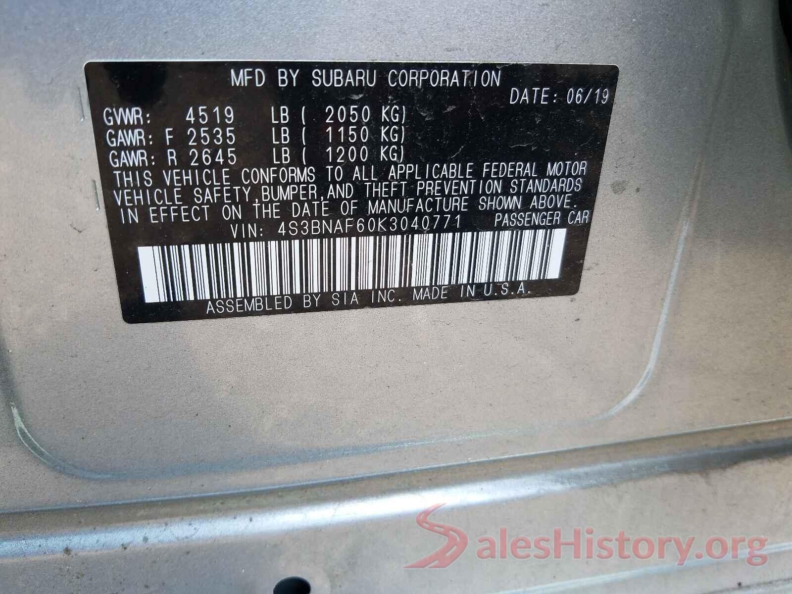 4S3BNAF60K3040771 2019 SUBARU LEGACY