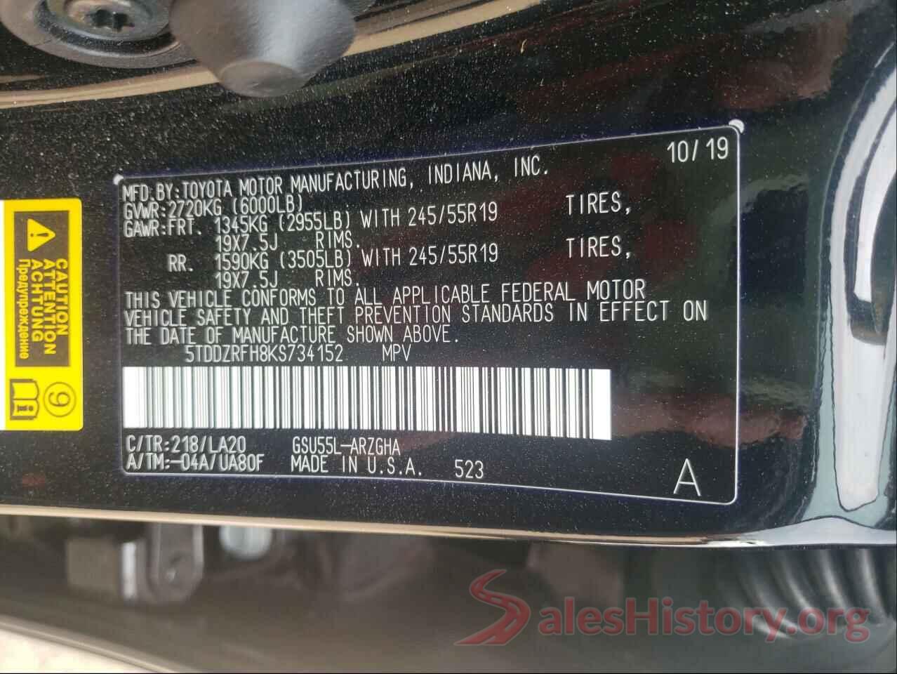 5TDDZRFH8KS734152 2019 TOYOTA HIGHLANDER