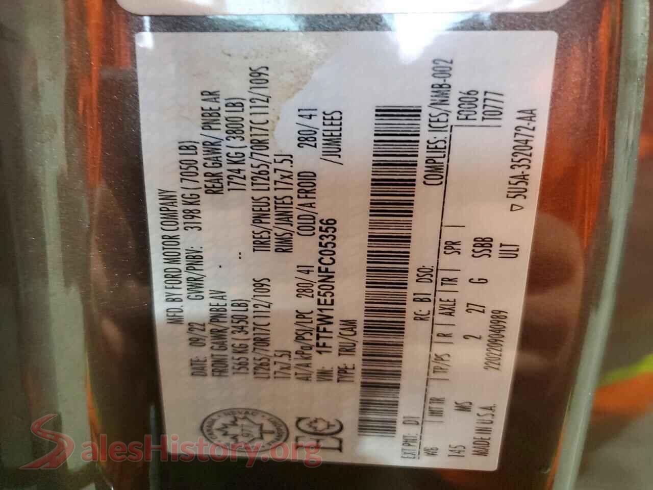 2022 FORD F150 VIN 1FTFW1E50NFC05356, trunk area