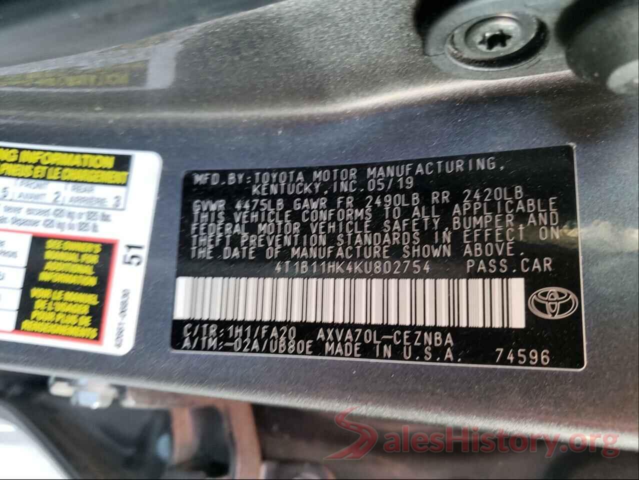 4T1B11HK4KU802754 2019 TOYOTA CAMRY