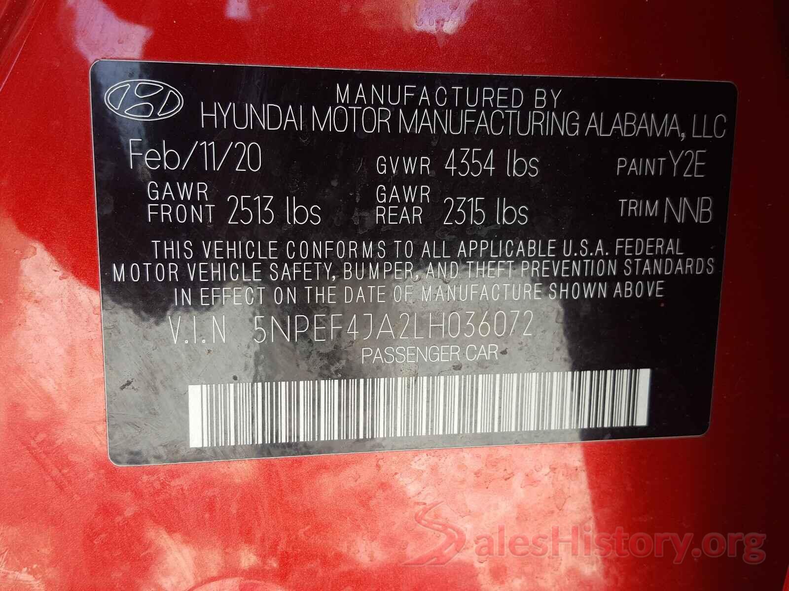 5NPEF4JA2LH036072 2020 HYUNDAI SONATA