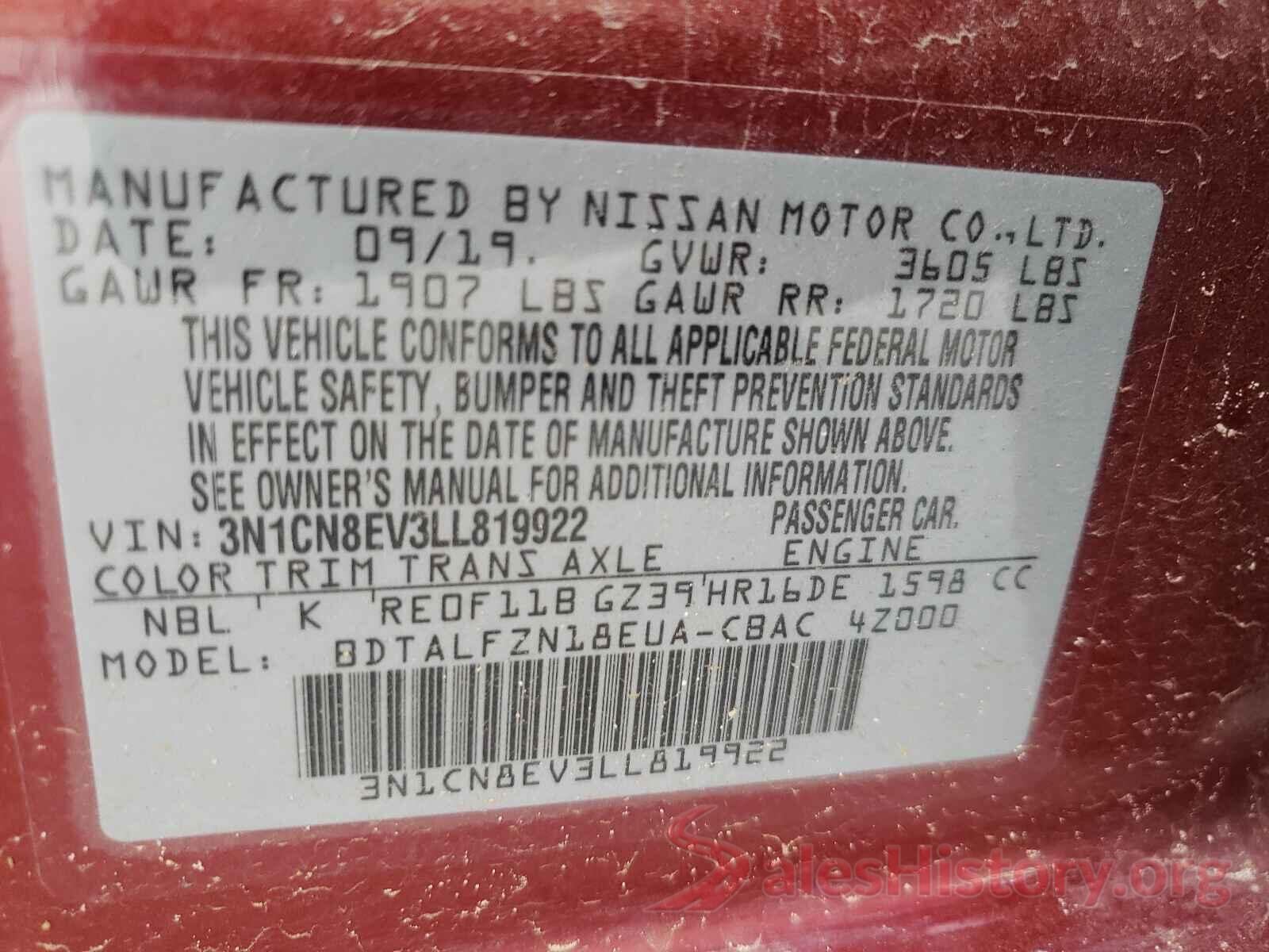 3N1CN8EV3LL819922 2020 NISSAN VERSA