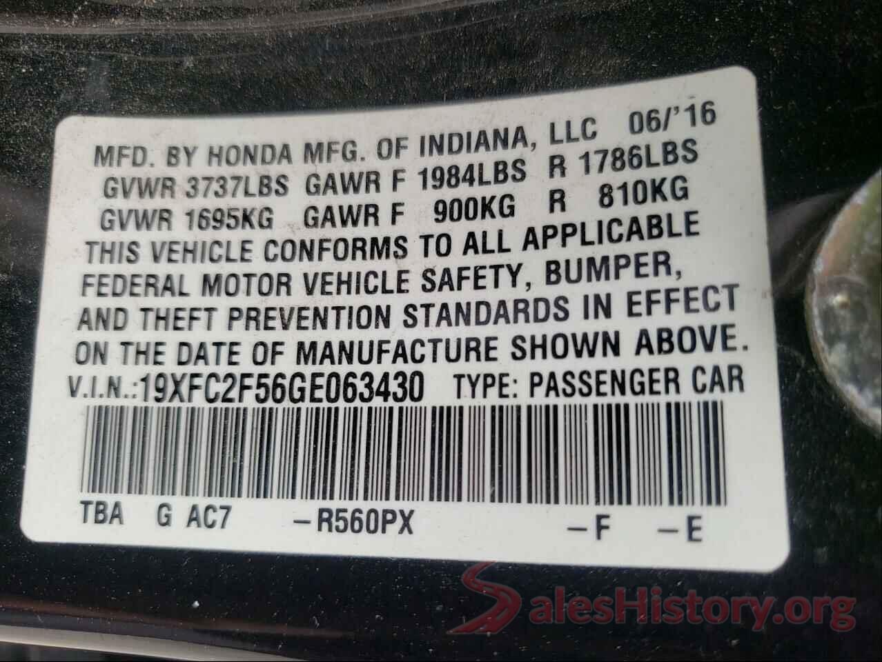 19XFC2F56GE063430 2016 HONDA CIVIC