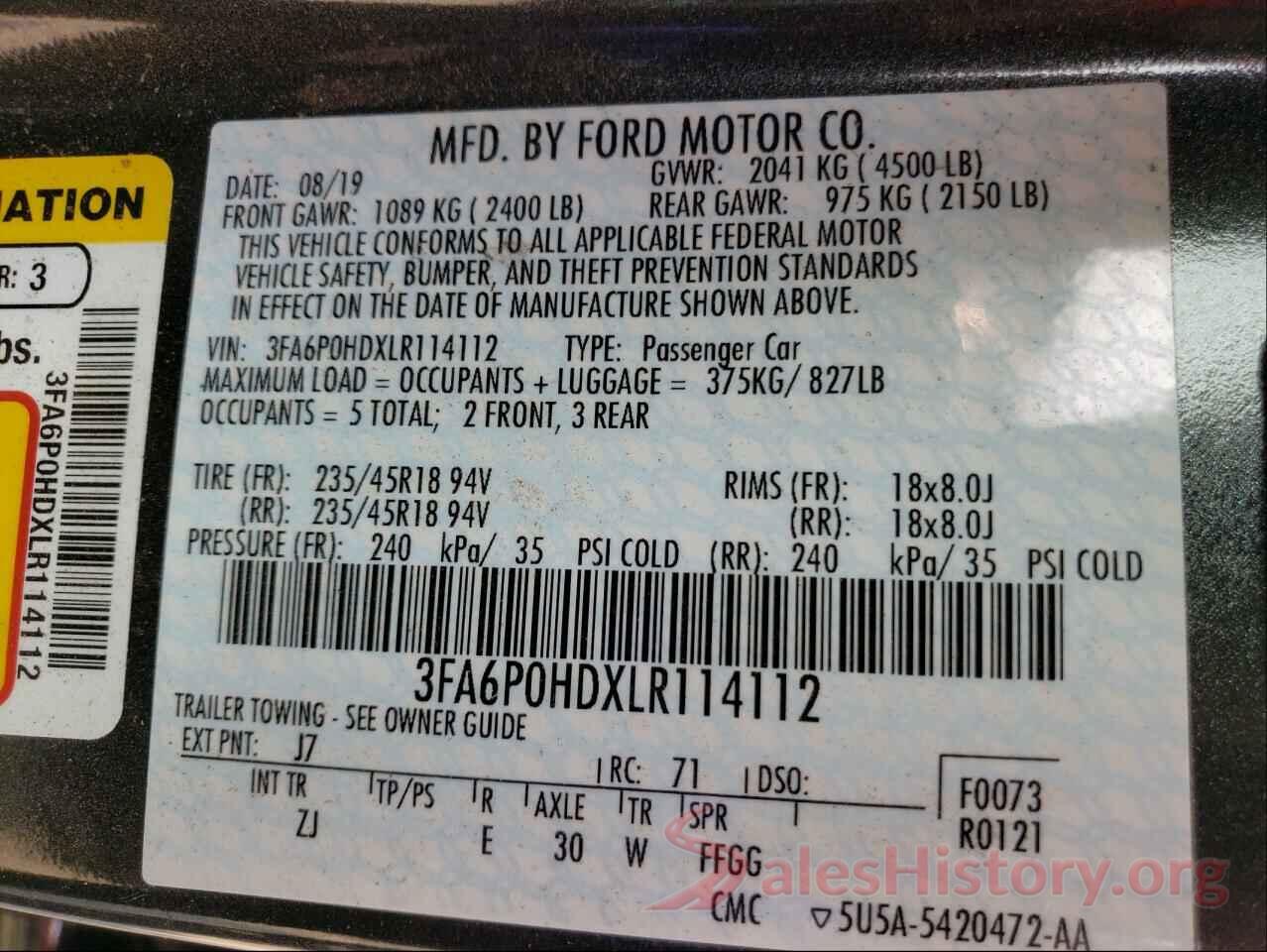 3FA6P0HDXLR114112 2020 FORD FUSION