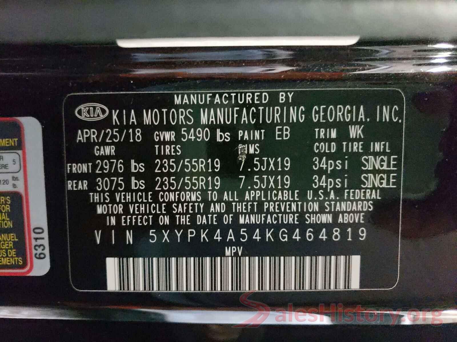 5XYPK4A54KG464819 2019 KIA SORENTO