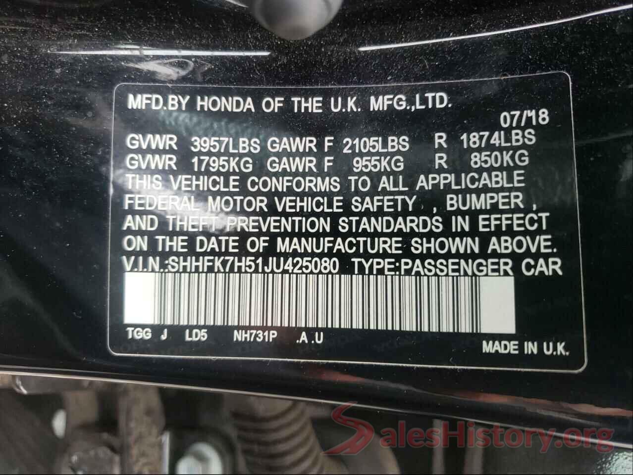 SHHFK7H51JU425080 2018 HONDA CIVIC