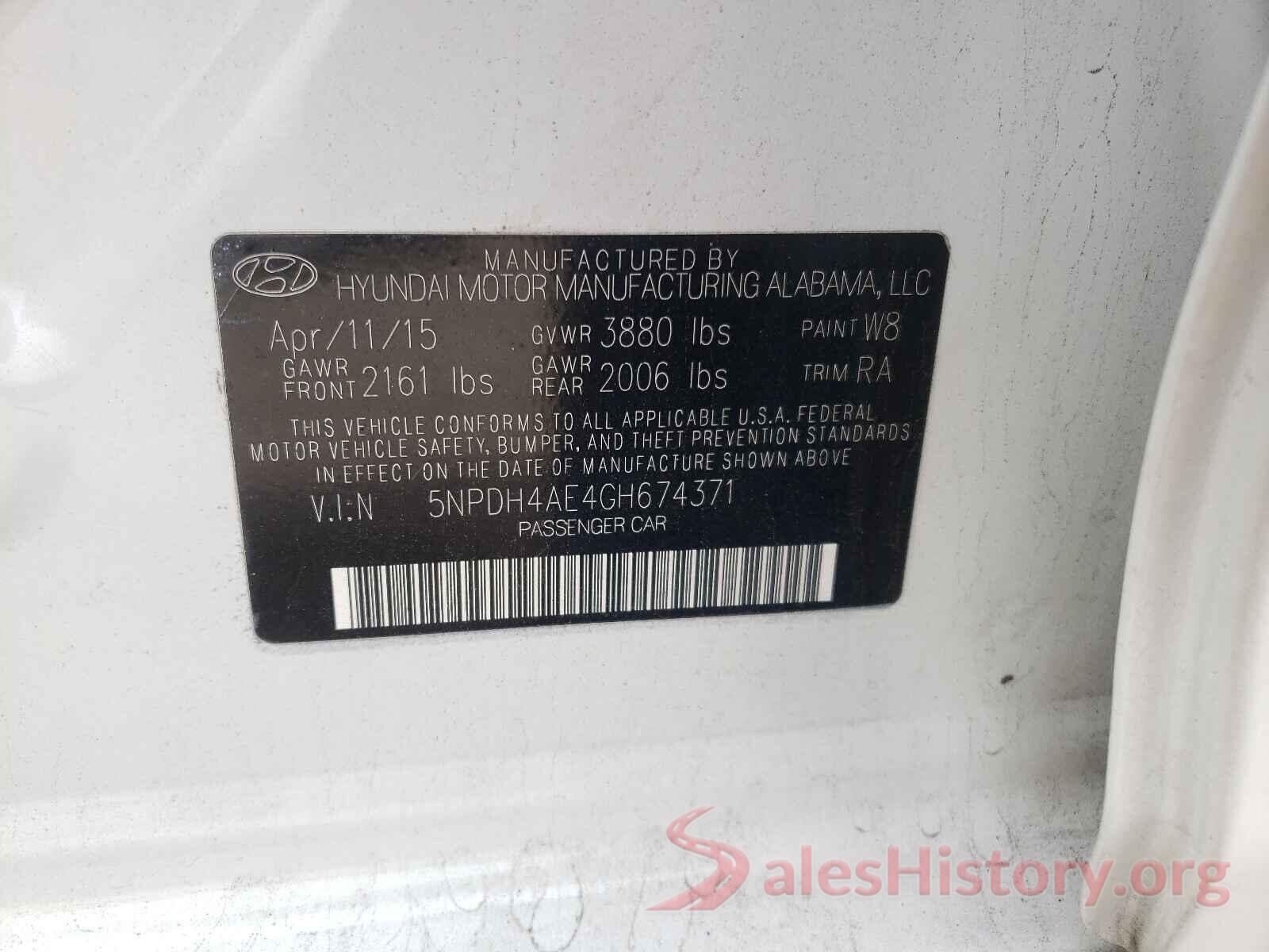 5NPDH4AE4GH674371 2016 HYUNDAI ELANTRA