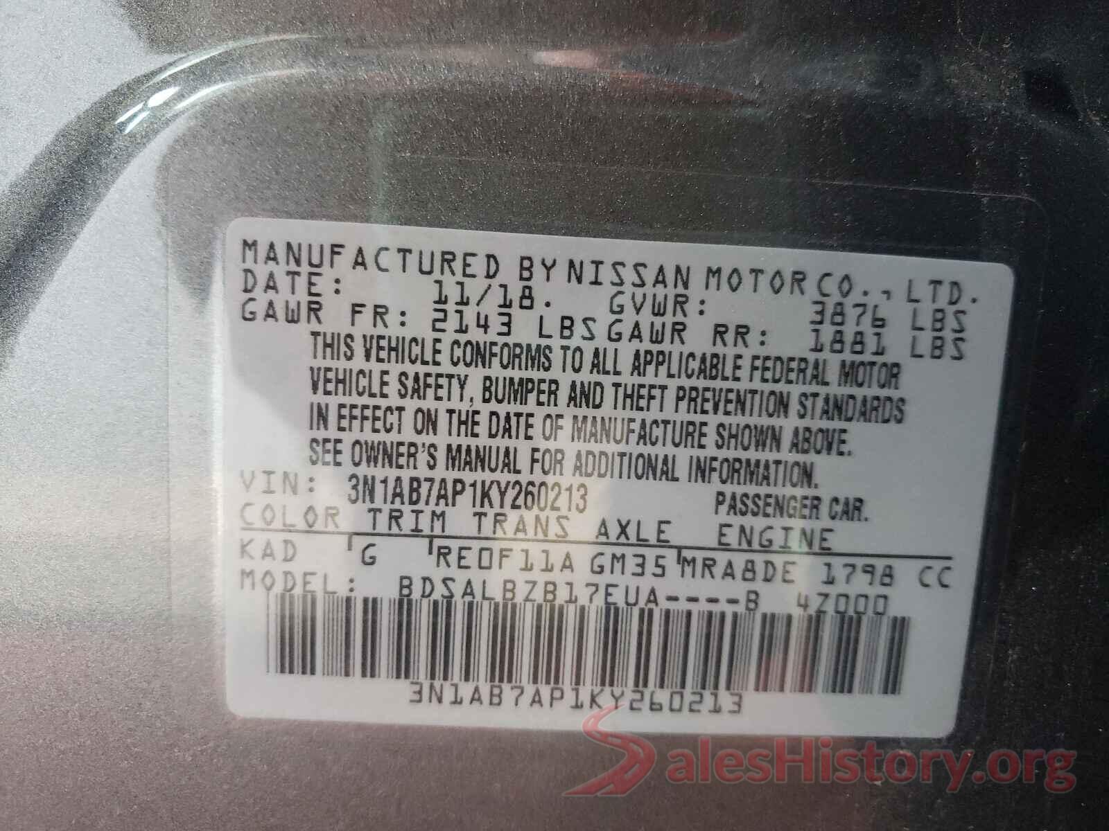 3N1AB7AP1KY260213 2019 NISSAN SENTRA