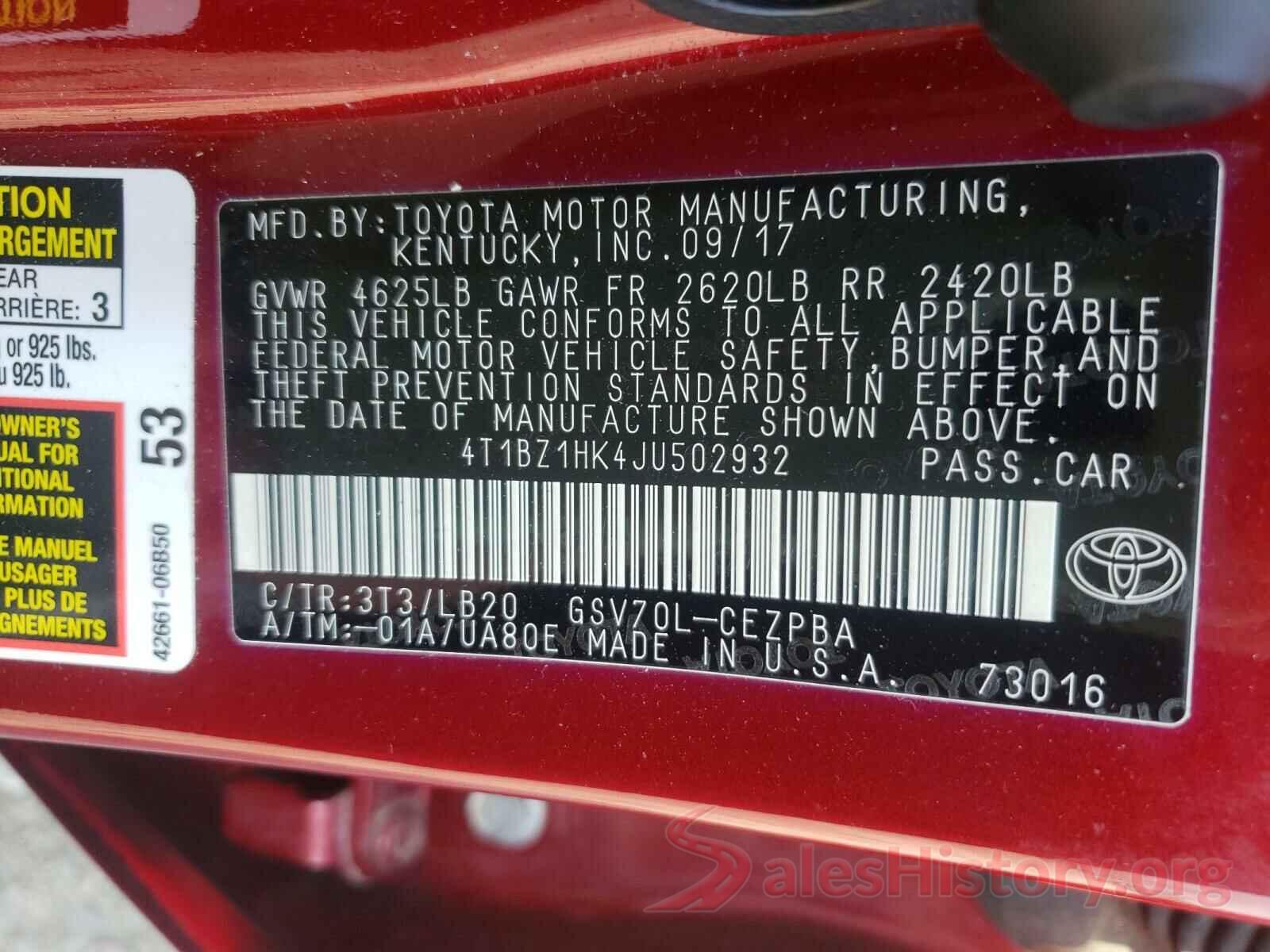 4T1BZ1HK4JU502932 2018 TOYOTA CAMRY