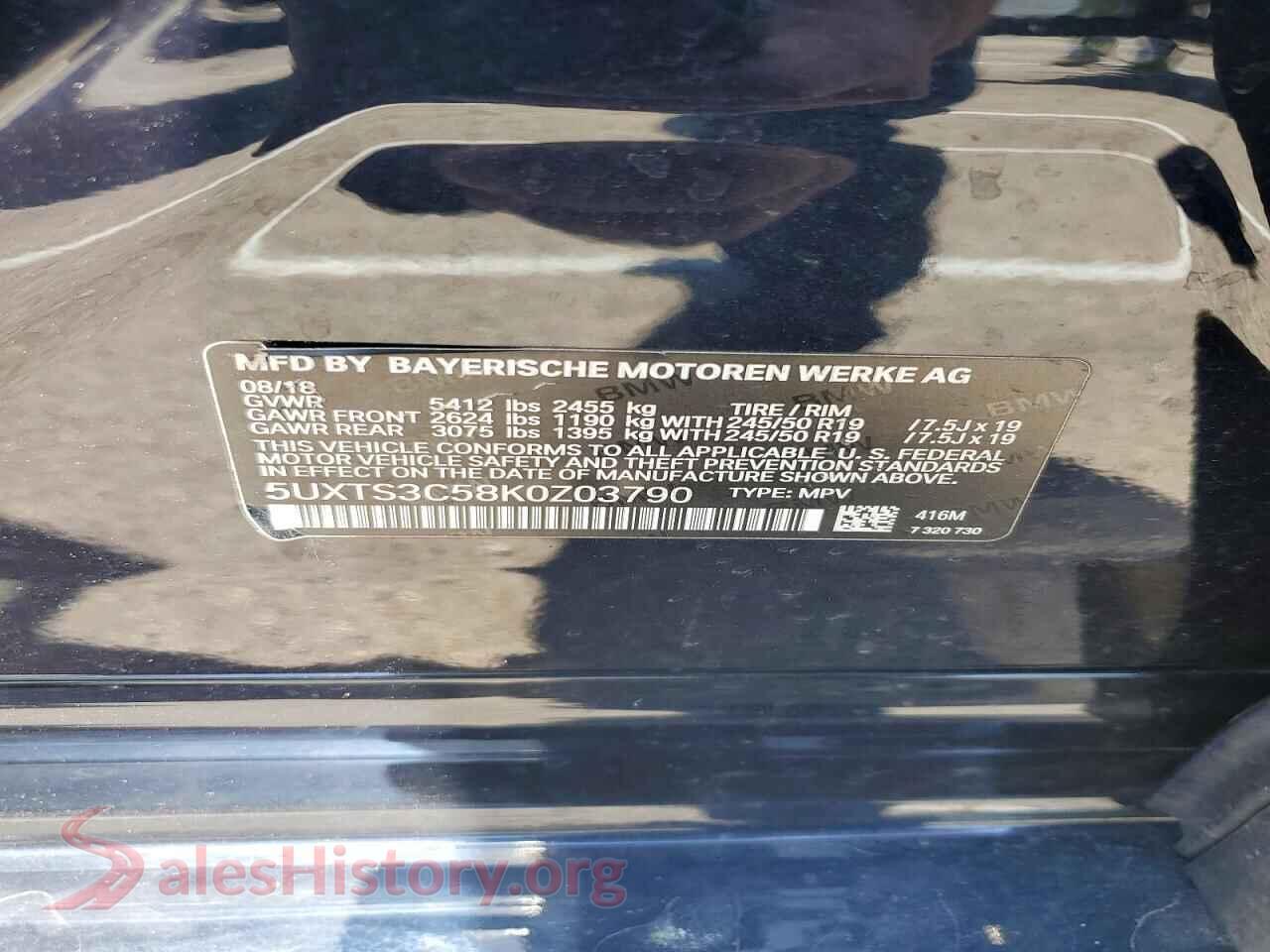 2019 BMW X3 VIN 5UXTS3C58K0Z03790, trunk area